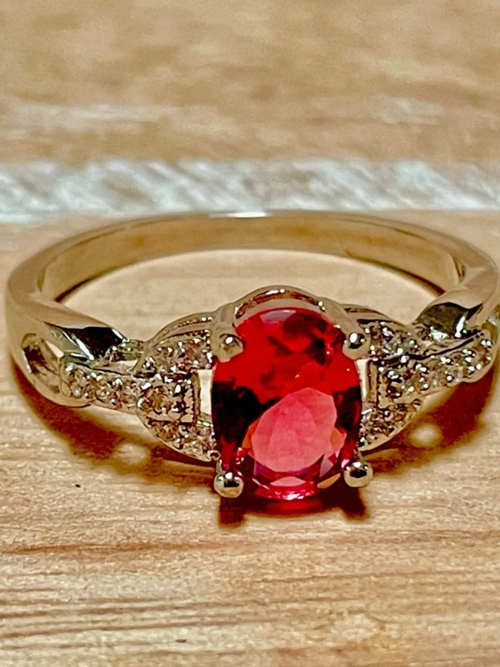 Ruby-tone Red Crystal Gemstone Solitaire Ring w Pavé Accents in Polished Silver